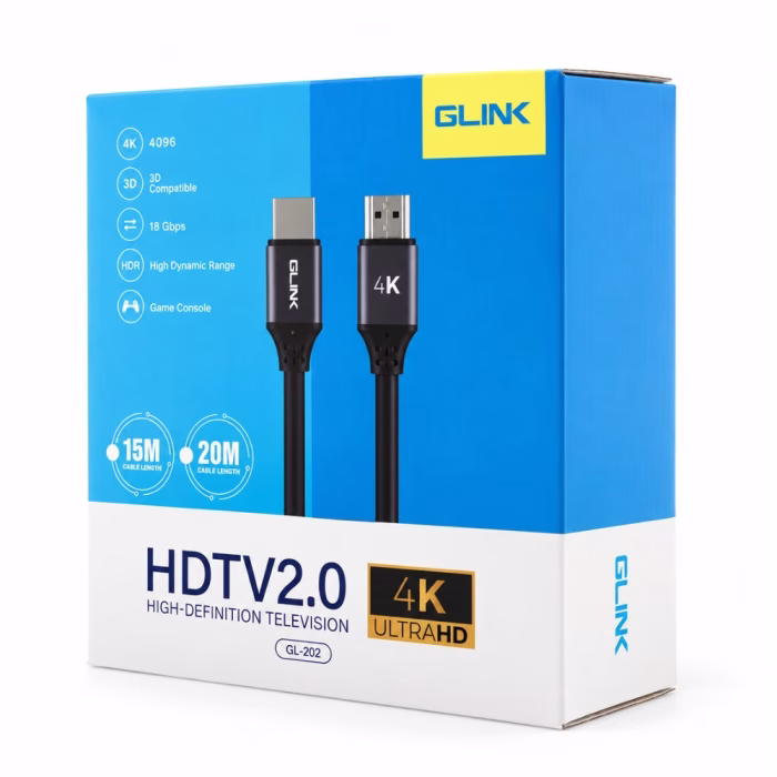 glink-gl202-20m-pvc-hdmicable-3 กล่องบรรจุภัณฑ์สาย HDMI หุ้ม PVC GLINK รุ่น GL-202 ยาว 20 เมตร แสดงสเปก HDTV 2.0 รองรับ 4K 4096 3D 18Gbps และ HDR