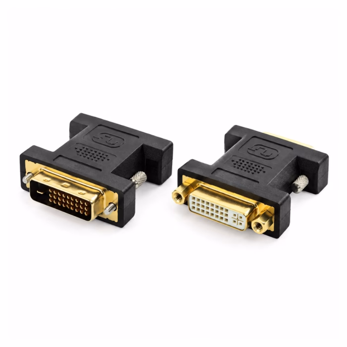 หัวแปลง DVI GLINK รุ่น GL2262 วางคู่กัน โชว์หัวต่อ DVI 24+1 ตัวผู้ และเต้ารับ DVI 24+5 ตัวเมีย ชุบทอง 24K ร้านเควีซี คอมพิวเตอร์