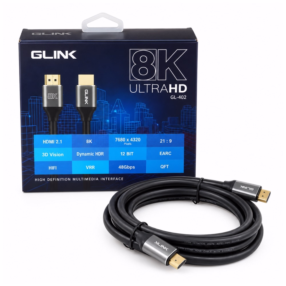 สาย HDMI 2.1 8K GLINK รุ่น GL402 ยาว 2 เมตร ความละเอียด 8K Ultra HD 48Gbps วางคู่กับกล่องบรรจุภัณฑ์ ร้านเควีซี คอมพิวเตอร์