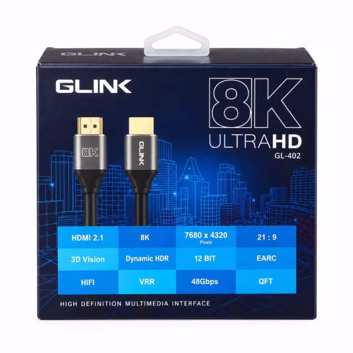กล่องบรรจุภัณฑ์สาย HDMI 2.1 GLINK รุ่น GL-402 ยาว 2 เมตร แสดงสเปก 8K Ultra HD 48Gbps Dynamic HDR eARC และ VRR