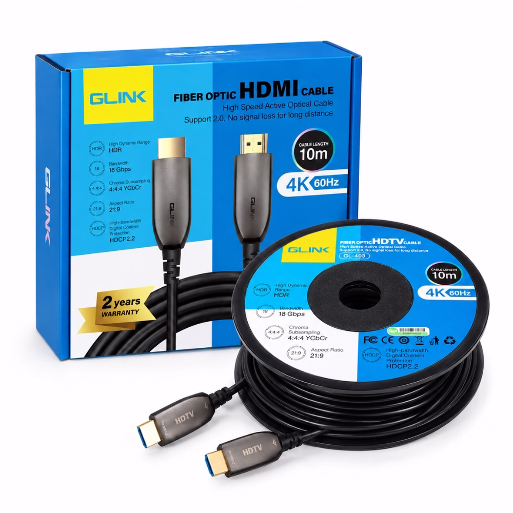 สาย HDMI ไฟเบอร์ออปติก GLINK รุ่น GL403 ยาว 10 เมตร 4K 60Hz 18Gbps วางคู่กับกล่องบรรจุภัณฑ์ ร้านเควีซี คอมพิวเตอร์