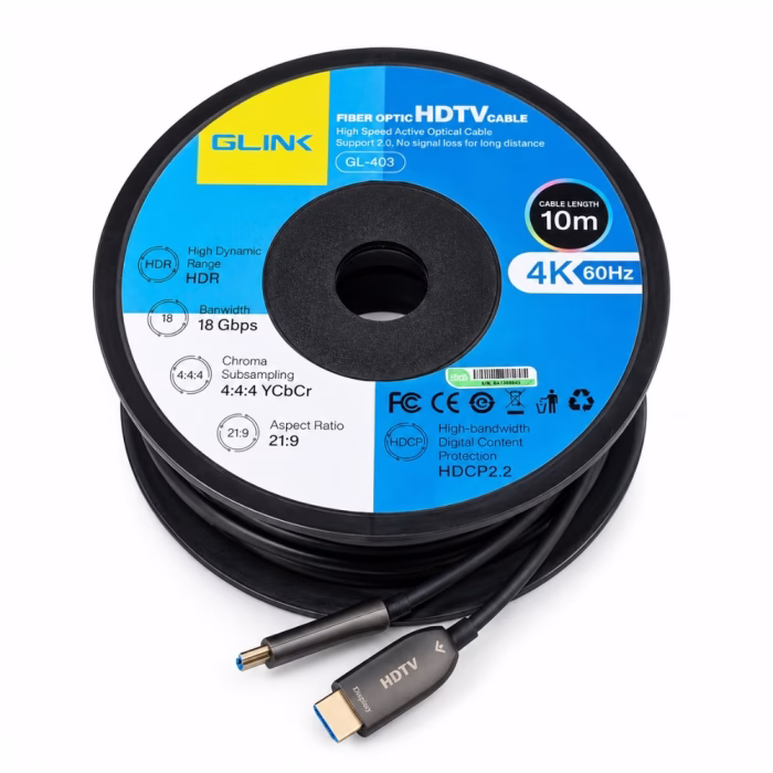 ล้อโรลสาย HDMI ไฟเบอร์ GLINK GL403 ยาว 10 เมตร ด้านบน โชว์สเปก 4K 60Hz HDR 18Gbps และหัวต่อ HDMI ชุบทอง ร้านเควีซี คอมพิวเตอร์