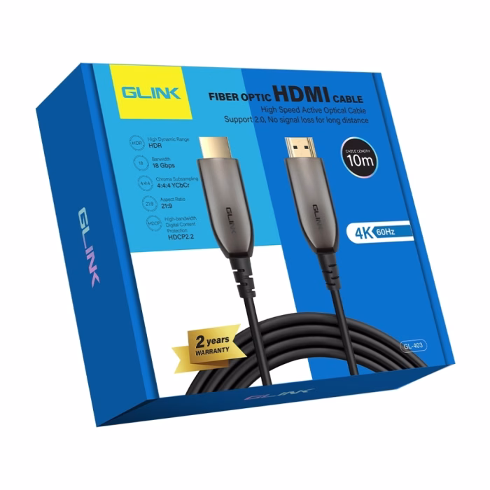 กล่องบรรจุภัณฑ์สาย HDMI ไฟเบอร์ออปติก GLINK รุ่น GL403 ยาว 10 เมตร สีน้ำเงิน แสดงสเปก 4K 60Hz HDR 18Gbps และ HDCP 2.2