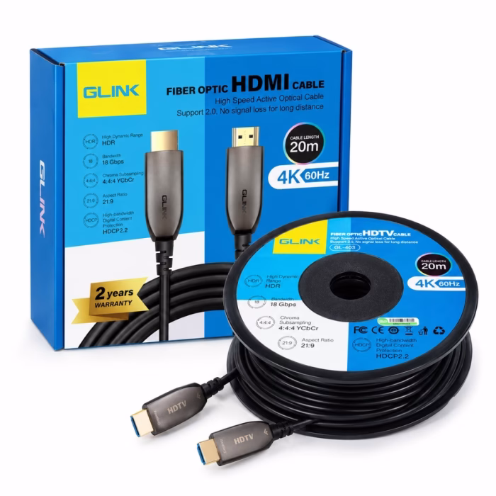 glink-gl403-20m-fiberoptic-hdmicable-1 สาย HDMI ไฟเบอร์ออปติก GLINK รุ่น GL403 ยาว 20 เมตร 4K 60Hz 18Gbps วางคู่กับกล่องบรรจุภัณฑ์ ร้านเควีซี คอมพิวเตอร์