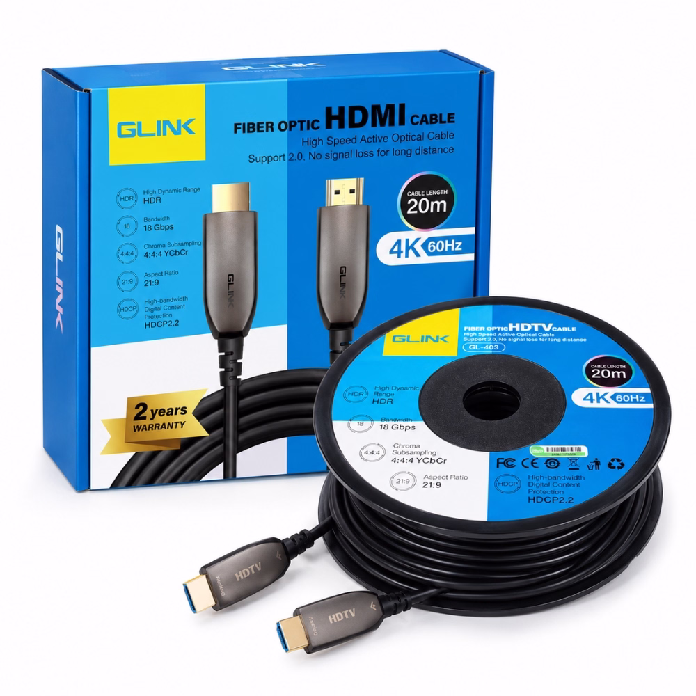 สาย HDMI ไฟเบอร์ออปติก GLINK รุ่น GL403 ยาว 20 เมตร 4K 60Hz 18Gbps วางคู่กับกล่องบรรจุภัณฑ์ ร้านเควีซี คอมพิวเตอร์