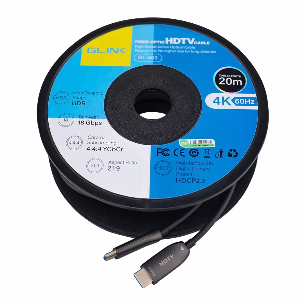 ล้อโรลสาย HDMI ไฟเบอร์ GLINK GL403 ยาว 20 เมตร มุมมองสามมิติ โชว์สเปก 4K 60Hz HDR 18Gbps และหัวต่อ HDMI ชุบทอง ร้านเควีซี คอมพิวเตอร์