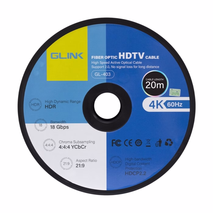 glink-gl403-20m-fiberoptic-hdmicable-3 หน้าปัดล้อโรลสาย HDMI ไฟเบอร์ออปติก GLINK รุ่น GL403 ความยาว 20 เมตร แสดงรายละเอียดสเปก 4K 60Hz แบนด์วิธ 18 Gbps และมาตรฐานครบถ้วน