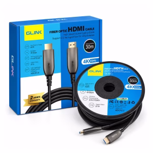 สาย HDMI ไฟเบอร์ออปติก GLINK รุ่น GL403 ยาว 30 เมตร 4K 60Hz 18Gbps วางคู่กับกล่องบรรจุภัณฑ์ ร้านเควีซี คอมพิวเตอร์