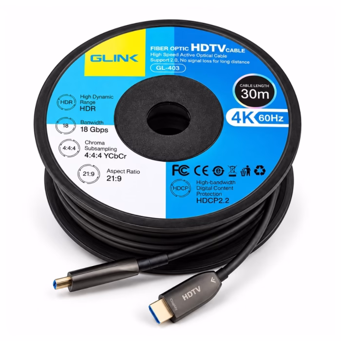 ล้อโรลสาย HDMI ไฟเบอร์ GLINK GL403 ยาว 30 เมตร มุมมองสามมิติ โชว์สเปก 4K 60Hz HDR 18Gbps และหัวต่อ HDMI ชุบทอง ร้านเควีซี คอมพิวเตอร์