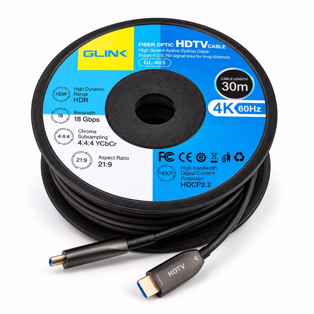 ล้อโรลสาย HDMI ไฟเบอร์ GLINK GL403 ยาว 30 เมตร มุมมองสามมิติ โชว์สเปก 4K 60Hz HDR 18Gbps และหัวต่อ HDMI ชุบทอง ร้านเควีซี คอมพิวเตอร์