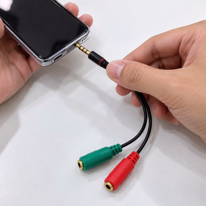 ภาพการใช้งานสายแยกหูฟังและไมค์ GLINK GLEX004 เสียบเข้ากับพอร์ต 3.5 มม. ของสมาร์ตโฟน พร้อมแจ็คแยกหูฟังและไมค์ ร้านเควีซี คอมพิวเตอร์
