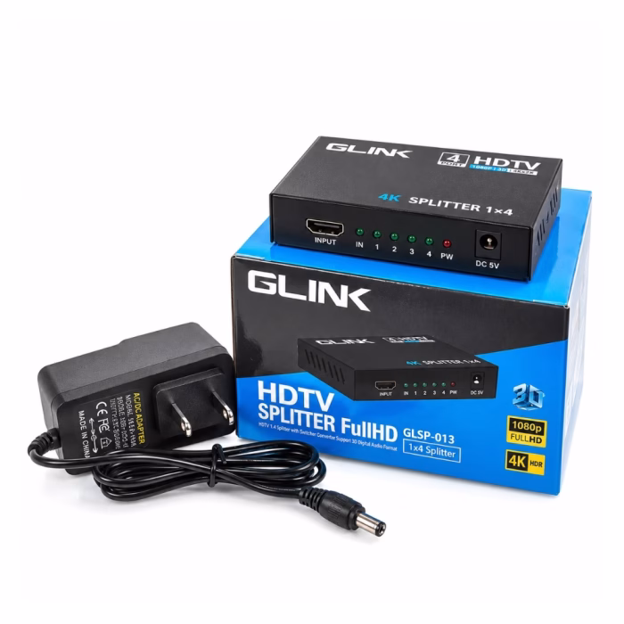 กล่องแยกจอ HDMI เข้า 1 ออก 4 GLINK รุ่น GLSP-013 วางบนกล่องบรรจุภัณฑ์ พร้อมอะแดปเตอร์ DC 5V รองรับ 4K 1080p 3D ร้านเควีซี คอมพิวเตอร์