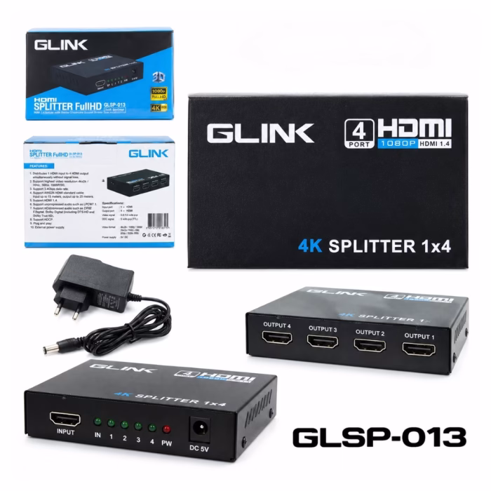 ภาพรวมกล่องแยกสัญญาณ HDMI เข้า 1 ออก 4 GLINK รุ่น GLSP-013 โชว์ตัวเครื่อง กล่องบรรจุภัณฑ์ อะแดปเตอร์ และพอร์ตเชื่อมต่อครบชุด ร้านเควีซี คอมพิวเตอร์