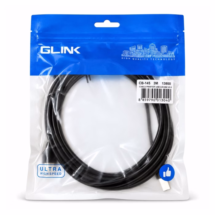 สายเครื่องพิมพ์ USB 2.0 GLINK รุ่น CB145 ยาว 3 เมตร สีดำ ในซองซิปล็อก Ultra High Speed ร้านเควีซี คอมพิวเตอร์