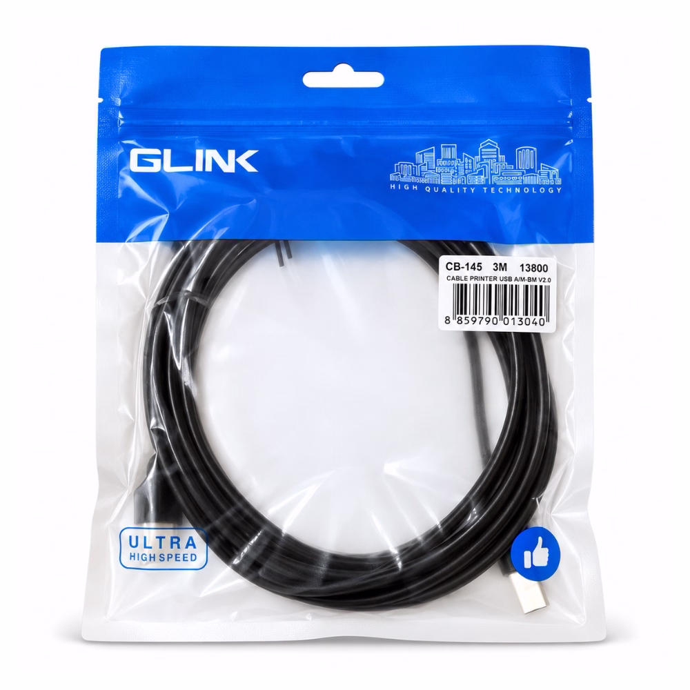 สายเครื่องพิมพ์ USB 2.0 GLINK รุ่น CB145 ยาว 3 เมตร สีดำ ในซองซิปล็อก Ultra High Speed ร้านเควีซี คอมพิวเตอร์