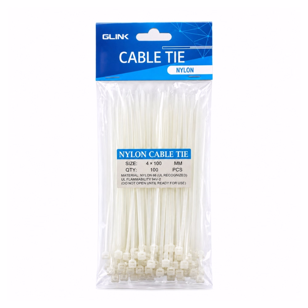 ซองสายรัดสายไฟ GLINK สีขาว ขนาด 4x150 มม. 100 เส้น ซองใสหัวแถบสีน้ำเงิน Nylon Cable Ties ร้านเควีซี คอมพิวเตอร์