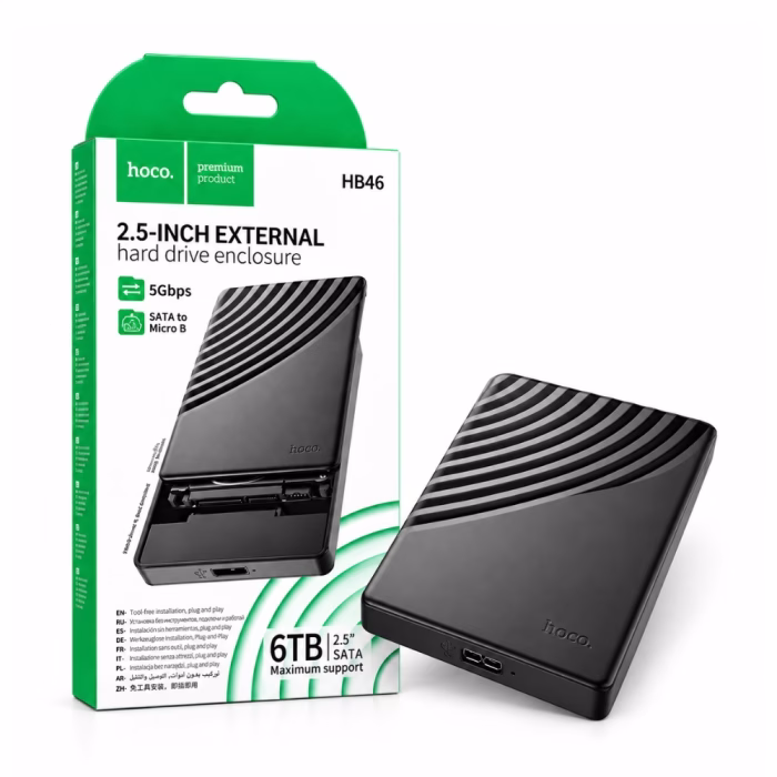 กล่องอ่านฮาร์ดดิสก์ 2.5 นิ้ว Hoco รุ่น HB46 USB 3.0 ความเร็ว 5Gbps รองรับความจุสูงสุด 6TB วางคู่กับกล่องบรรจุภัณฑ์ ร้านเควีซี คอมพิวเตอร์