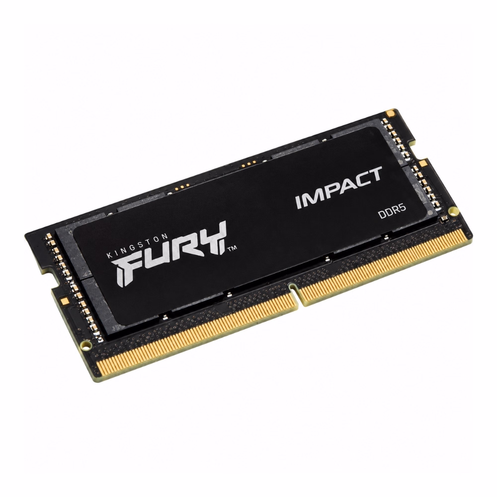 แรมโน้ตบุ๊ก DDR5 Kingston FURY Impact 16GB 4800MHz มุมมองสามมิติเฉียง แผงวงจร PCB สีดำและพินเชื่อมต่อชุบทอง