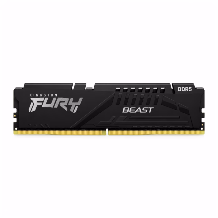 kingston-8gb-ddr5-4800mhz-ram-2 แรมคอมพิวเตอร์ Kingston FURY Beast DDR5 8GB 4800MHz ด้านหน้าตรง แสดงฮีตซิงก์สีดำและพินเชื่อมต่อ DDR5 288-pin