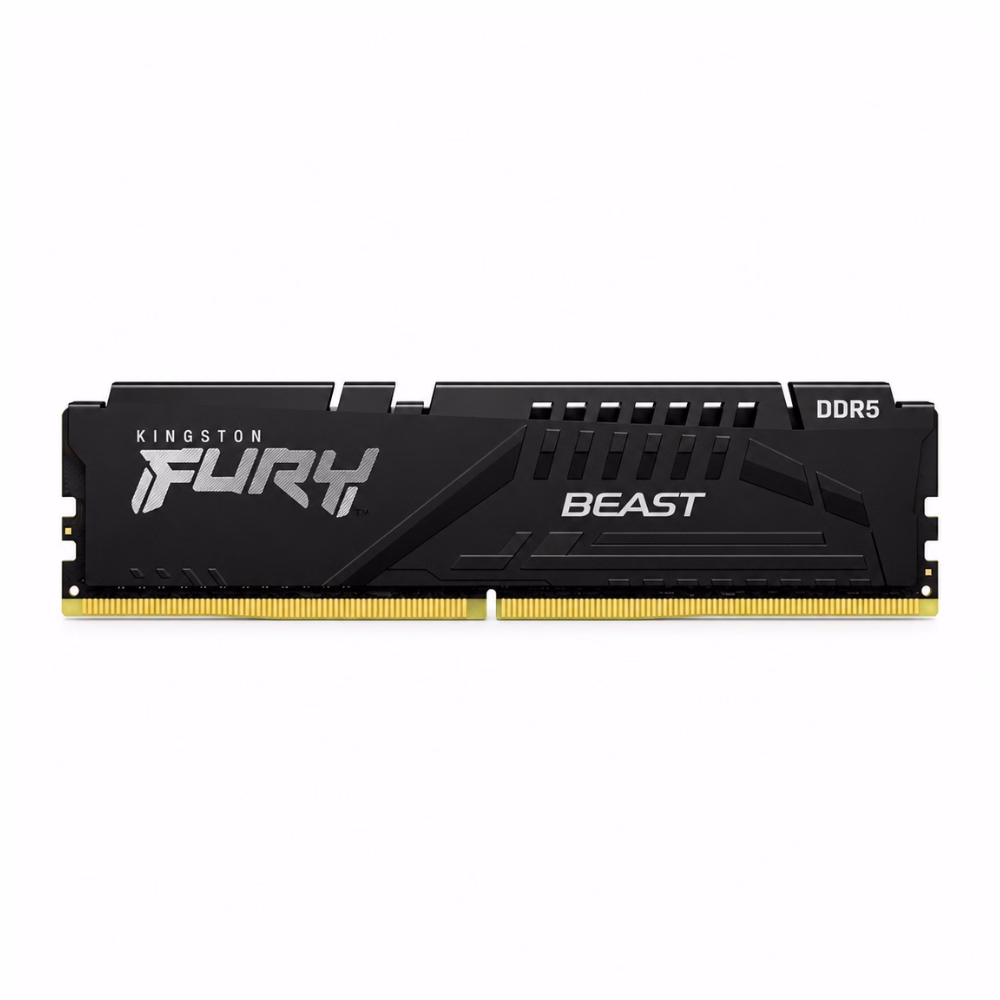 แรมคอมพิวเตอร์ Kingston FURY Beast DDR5 8GB 4800MHz ด้านหน้าตรง แสดงฮีตซิงก์สีดำและพินเชื่อมต่อ DDR5 288-pin