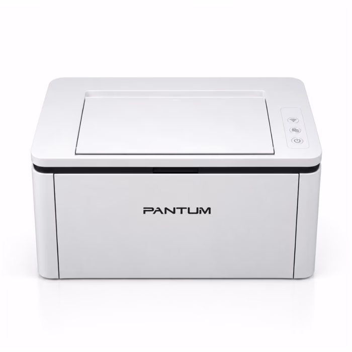 เครื่องพิมพ์เลเซอร์ขาวดำ Pantum BP2300W มุมมองด้านหน้าตรง ตัวเครื่องสีขาวกะทัดรัด พร้อมปุ่มควบคุมและไฟสถานะ