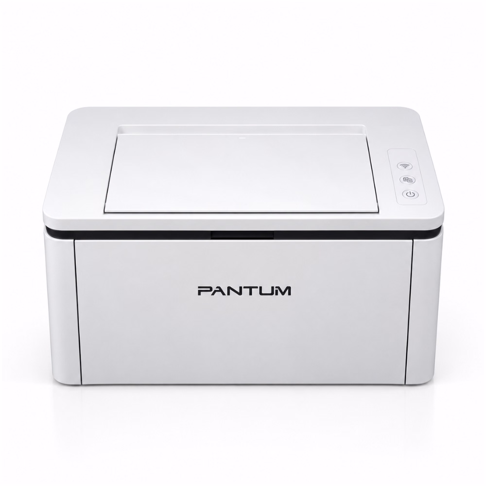 เครื่องพิมพ์เลเซอร์ขาวดำ Pantum BP2300W มุมมองด้านหน้าตรง ตัวเครื่องสีขาวกะทัดรัด พร้อมปุ่มควบคุมและไฟสถานะ