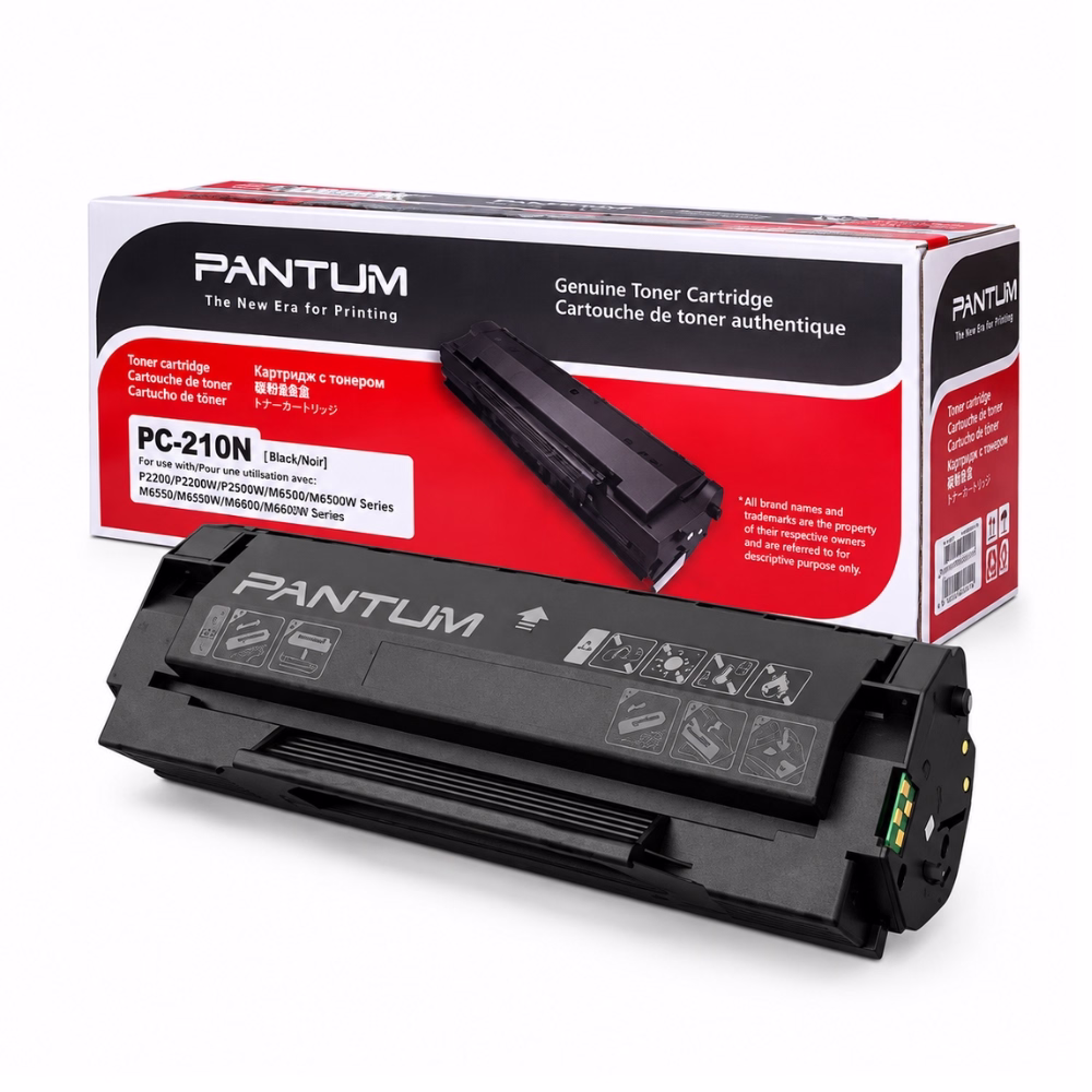 ตลับหมึกเลเซอร์สีดำ Pantum PC-210N วางคู่กับกล่องบรรจุภัณฑ์ สำหรับเครื่องพิมพ์ Pantum P2500W M6500W M6600W