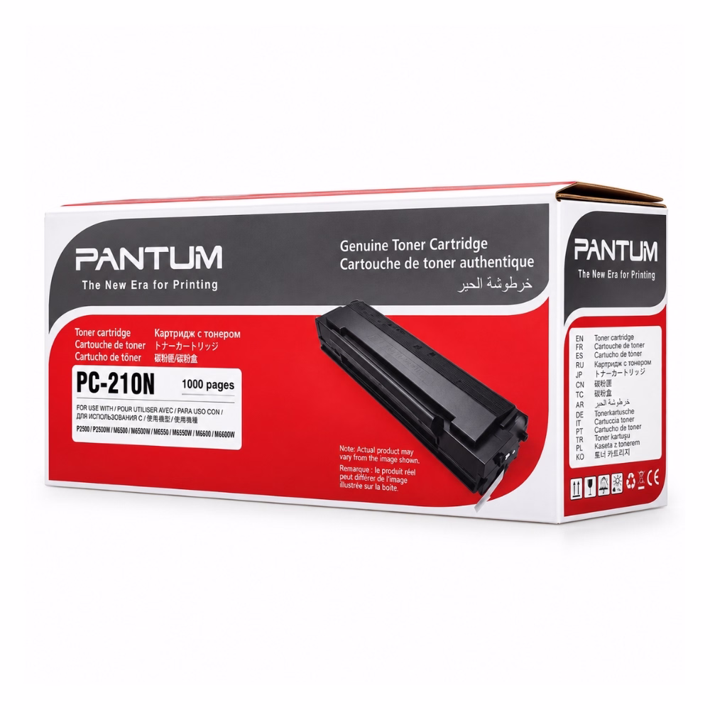 กล่องบรรจุภัณฑ์ตลับหมึกเลเซอร์สีดำ Pantum PC-210N มุมมองสามมิติเฉียง แสดงปริมาณการพิมพ์ 1000 แผ่นและรุ่นที่รองรับ