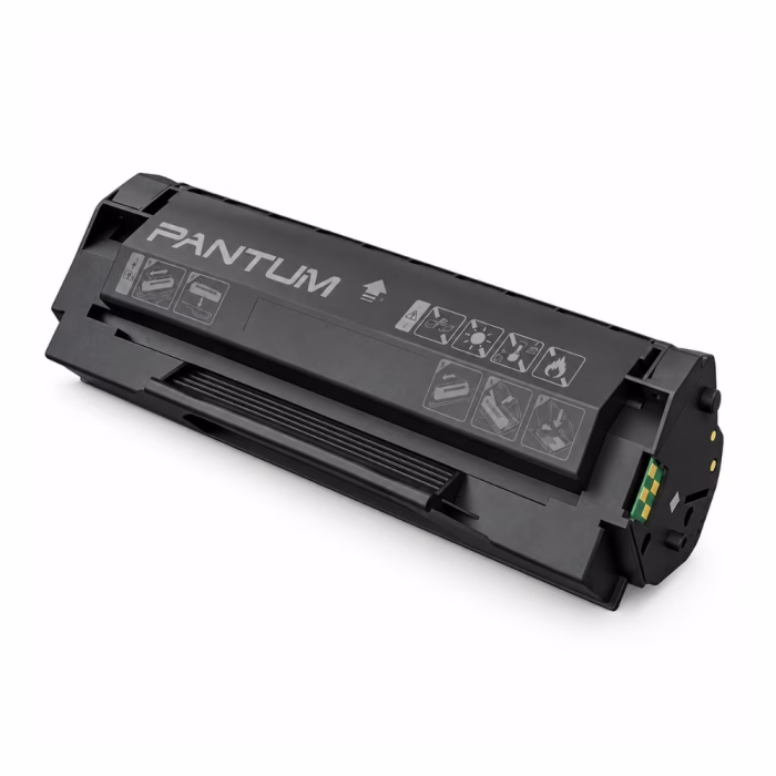 ตลับหมึกเลเซอร์ Pantum PC-210N มุมมองสามมิติเฉียง แสดงบอดี้สีดำ สกรีนโลโก้ Pantum ชิปประมวลผล และสัญลักษณ์ข้อควรระวัง
