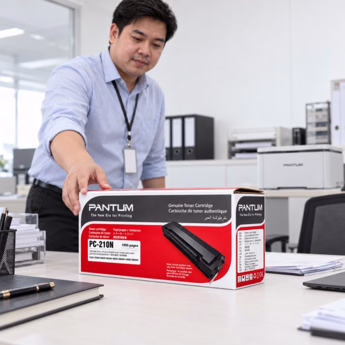 การใช้งานตลับหมึกเลเซอร์ Pantum PC-210N บนโต๊ะทำงานในออฟฟิศ พร้อมเครื่องพิมพ์เลเซอร์มัลติฟังก์ชัน Pantum