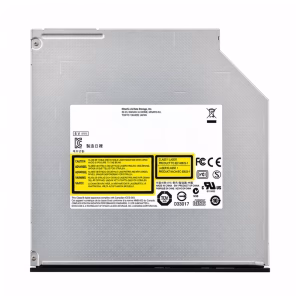 ไดรฟ์ดีวีดีโน้ตบุ๊ก PowerMax Internal DVD-RW SATA Slim 8x มุมมองด้านบน แสดงฉลากสเปก 5V และมาตรฐาน Class 1 Laser
