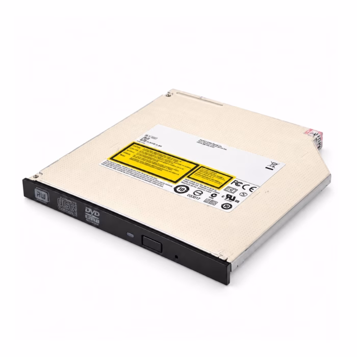 ไดรฟ์ดีวีดีโน้ตบุ๊ก PowerMax DVD-RW Slim SATA มุมมองสามมิติเฉียง โชว์หน้ากากดำ ปุ่มกด Eject ไฟสถานะ และรูปลดล็อกฉุกเฉิน