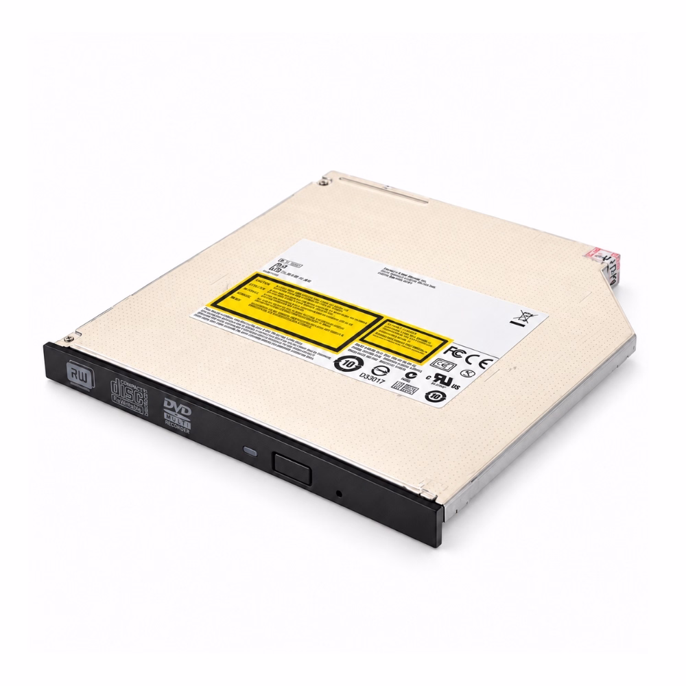 ไดรฟ์ดีวีดีโน้ตบุ๊ก PowerMax DVD-RW Slim SATA มุมมองสามมิติเฉียง โชว์หน้ากากดำ ปุ่มกด Eject ไฟสถานะ และรูปลดล็อกฉุกเฉิน