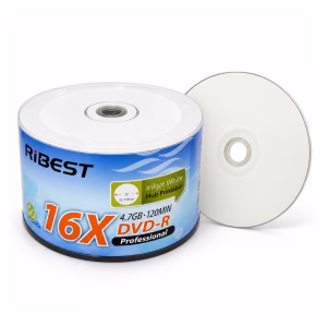แผ่น DVD-R RiBEST 16X ความจุ 4.7GB 120 นาที หน้าขาว Inkjet Hub Printable หลอด 50 แผ่น วางคู่กับตัวแผ่น