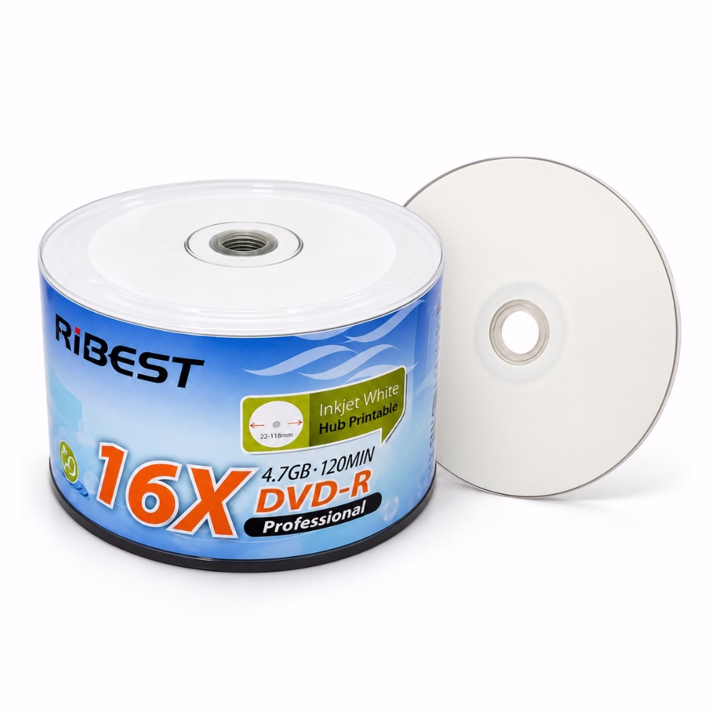ribest-dvd-r-16x-printable-50-pack-1 แผ่น DVD-R RiBEST 16X ความจุ 4.7GB 120 นาที หน้าขาว Inkjet Hub Printable หลอด 50 แผ่น วางคู่กับตัวแผ่น