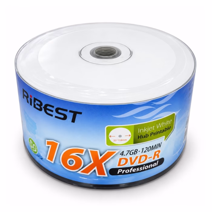 หลอดแผ่น DVD-R RiBEST 16X 4.7GB บรรจุ 50 แผ่น Inkjet White Hub Printable ซีลพลาสติกเข้ารูปมุมมองสามมิติเฉียง