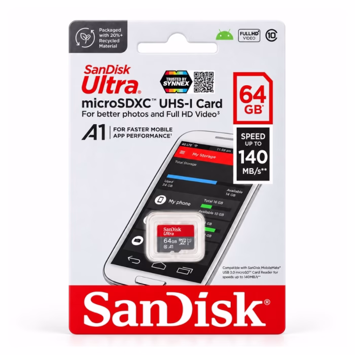 sandisk-sdsquab-064g-140mbps-2 แพ็กเกจเมมโมรี่การ์ด SanDisk Ultra microSDXC 64GB รุ่น SDSQUAB-064G ด้านหน้าตรง ระบุความเร็วอ่าน 140MB/s มาตรฐาน A1 สำหรับมือถือ และ Full HD Video