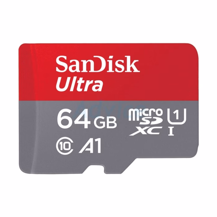 sandisk-sdsquab-064g-140mbps-3 การ์ด SanDisk Ultra microSDXC 64GB 140MB/s โคลสอัพด้านหน้า โชว์สัญลักษณ์ Class 10, A1, UHS-I U1 บนตัวการ์ดสีแดงตัดเทา