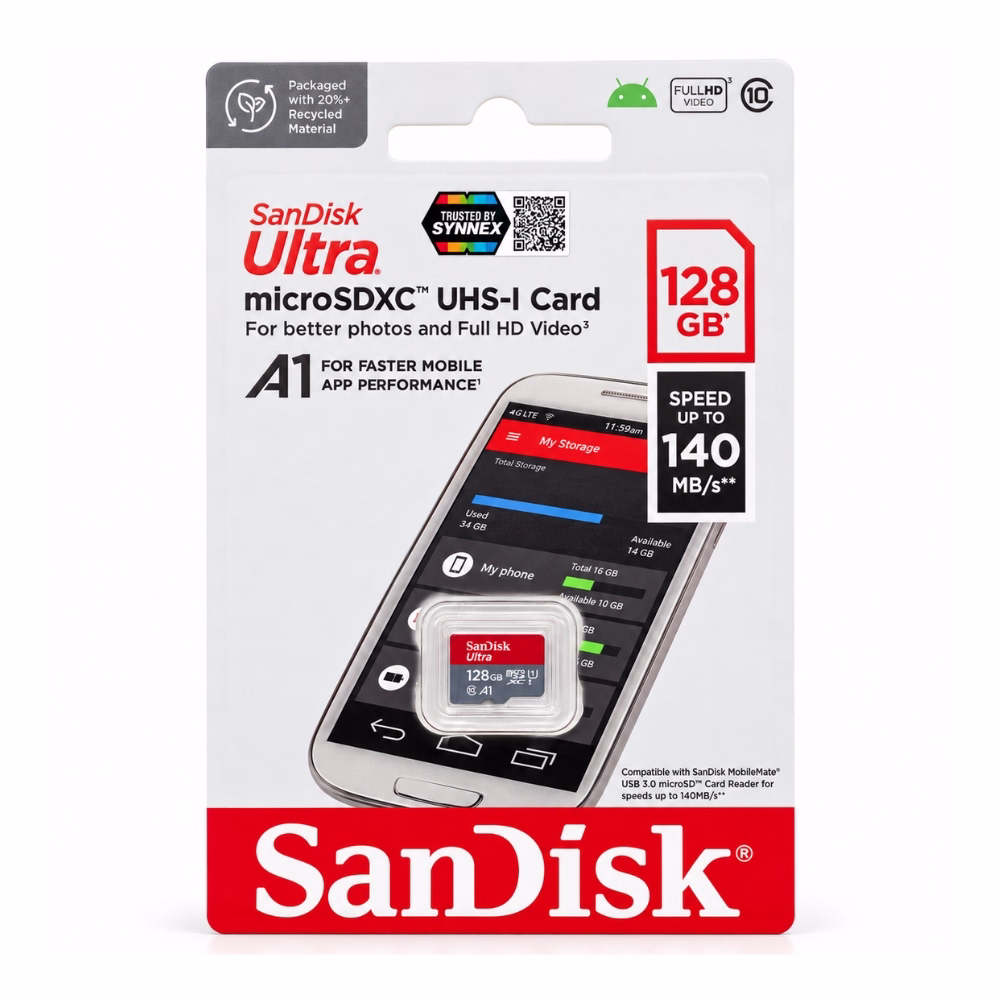 แพ็กเกจเมมโมรี่การ์ด SanDisk Ultra microSDXC 128GB ด้านหน้าตรง ระบุความเร็วอ่าน 140MB/s มาตรฐาน A1 สำหรับมือถือ และ Full HD Video