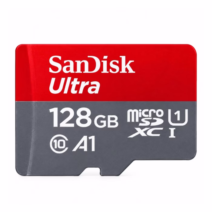 การ์ด SanDisk Ultra microSDXC 128GB โคลสอัพด้านหน้า โชว์สัญลักษณ์ Class 10, A1, UHS-I U1 บนตัวการ์ดสีแดงตัดเทา