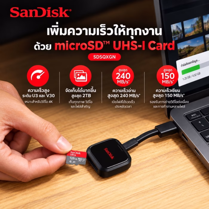 กราฟิกการ์ด SanDisk Ultra microSD เสียบผ่านเครื่องอ่านการ์ดเข้ากับแล็ปท็อป เพิ่มความเร็วให้ทุกงาน โอนถ่ายไฟล์รวดเร็ว