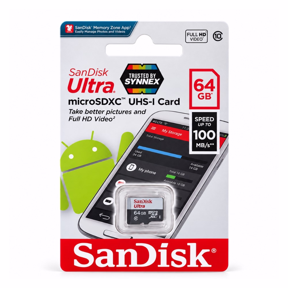 แพ็กเกจเมมโมรี่การ์ด SanDisk Ultra microSDXC 64GB รุ่น SDSQUNR-064G ด้านหน้าตรง ระบุความเร็วอ่าน 100MB/s และ Full HD Video