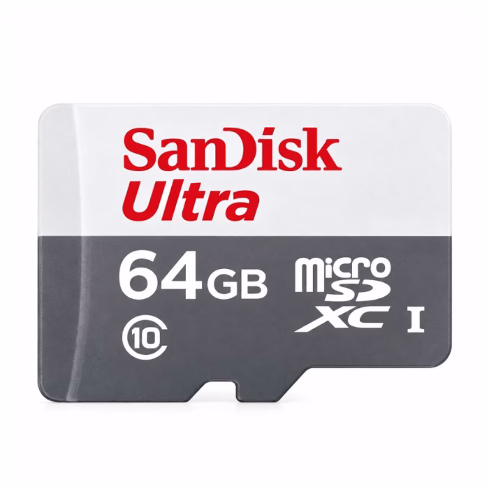 sandisk-ultra-microsd-64gb-3 การ์ด SanDisk Ultra microSDXC 64GB โคลสอัพด้านหน้า โชว์สัญลักษณ์ Class 10 และ microSDXC I บนตัวการ์ดสีขาวตัดเทา