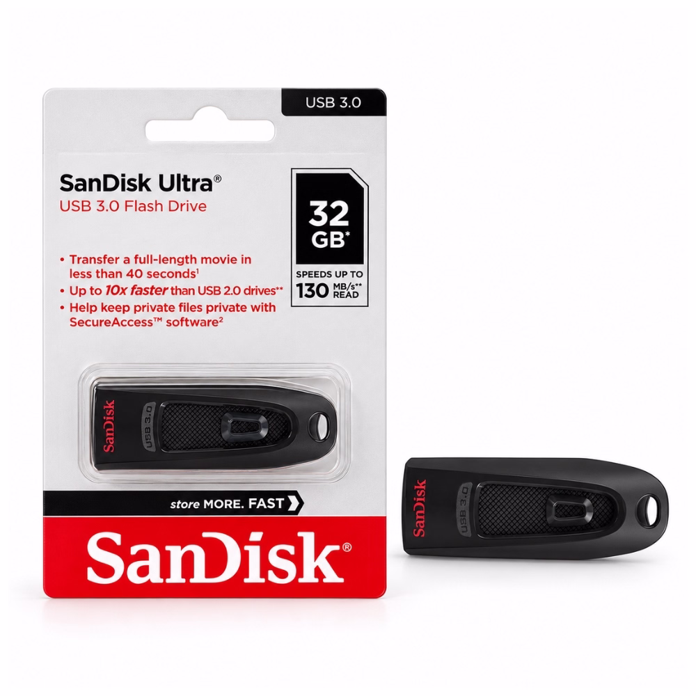 แฟลชไดร์ฟ SanDisk Ultra 32GB สีดำ USB 3.0 รุ่น SDCZ48 สไลด์เก็บหัวได้ ความเร็ว 130MB/s วางคู่กับแผงแพ็กเกจ ร้านเควีซี คอมพิวเตอร์