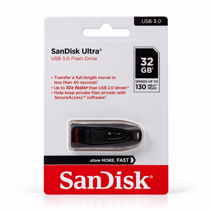 sandisk-ultra-sdcz48-32gb-black-2 แพ็กเกจแฟลชไดร์ฟ SanDisk Ultra 32GB USB 3.0 Flash Drive รุ่น SDCZ48 ด้านหน้าตรง ระบุความเร็วอ่าน 130MB/s และซอฟต์แวร์ SecureAccess