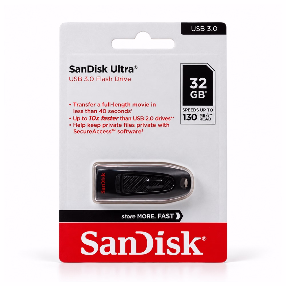 แพ็กเกจแฟลชไดร์ฟ SanDisk Ultra 32GB USB 3.0 Flash Drive รุ่น SDCZ48 ด้านหน้าตรง ระบุความเร็วอ่าน 130MB/s และซอฟต์แวร์ SecureAccess