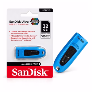 แฟลชไดร์ฟ SanDisk Ultra 32GB สีฟ้า USB 3.0 รุ่น SDCZ48 สไลด์เก็บหัวได้ ความเร็ว 100MB/s วางคู่กับแผงแพ็กเกจ ร้านเควีซี คอมพิวเตอร์