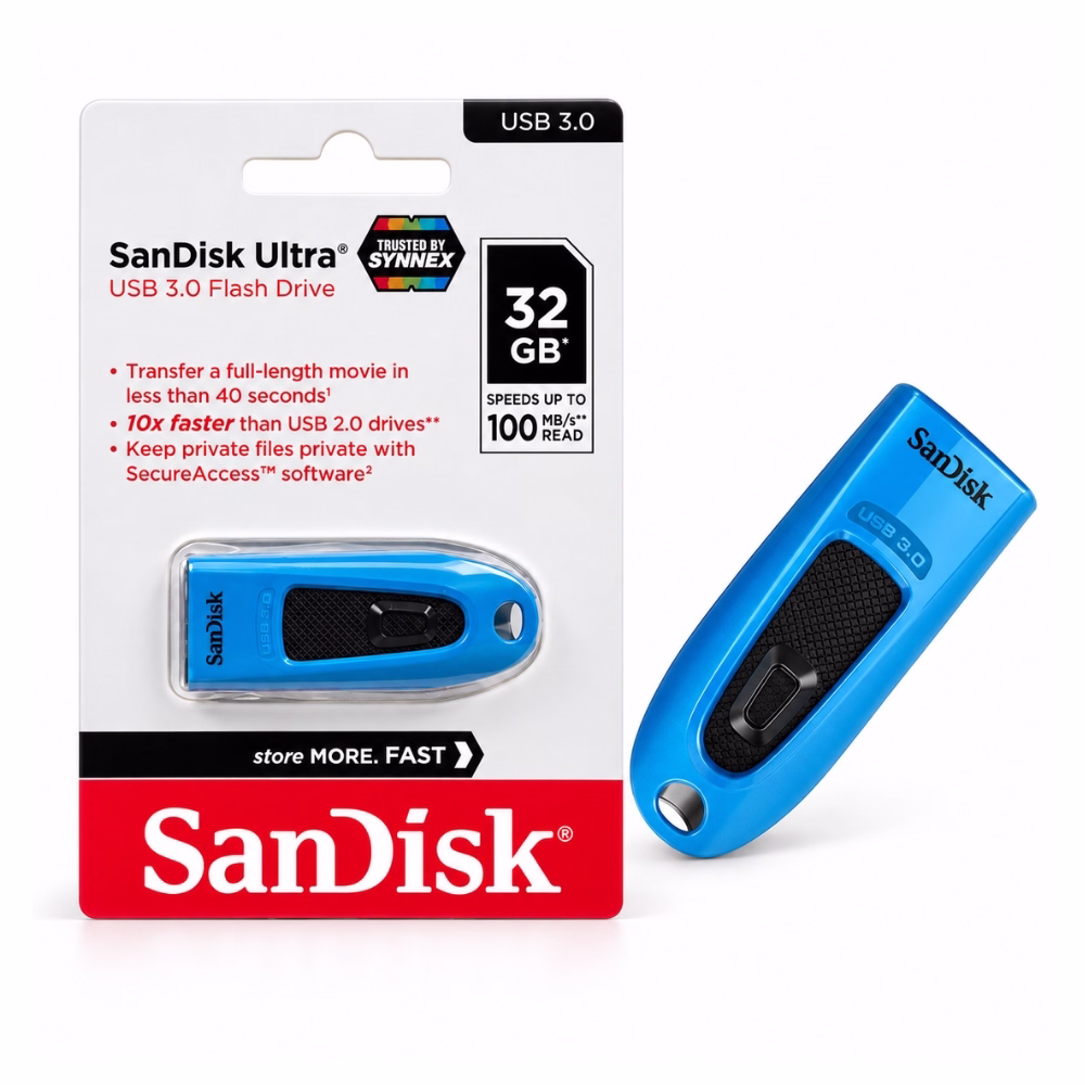แฟลชไดร์ฟ SanDisk Ultra 32GB สีฟ้า USB 3.0 รุ่น SDCZ48 สไลด์เก็บหัวได้ ความเร็ว 100MB/s วางคู่กับแผงแพ็กเกจ ร้านเควีซี คอมพิวเตอร์