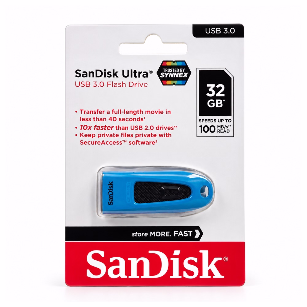 แพ็กเกจแฟลชไดร์ฟ SanDisk Ultra 32GB สีฟ้า USB 3.0 รุ่น SDCZ48 ด้านหน้าตรง ระบุความเร็วอ่าน 100MB/s และซอฟต์แวร์ SecureAccess