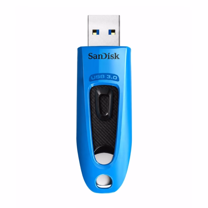แฟลชไดร์ฟ SanDisk Ultra 32GB สีฟ้า รุ่น SDCZ48 มุมมองแนวตั้ง โชว์หัวต่อ USB Type-A ปุ่มเลื่อนสไลด์สีดำ และช่องคล้องกุญแจ
